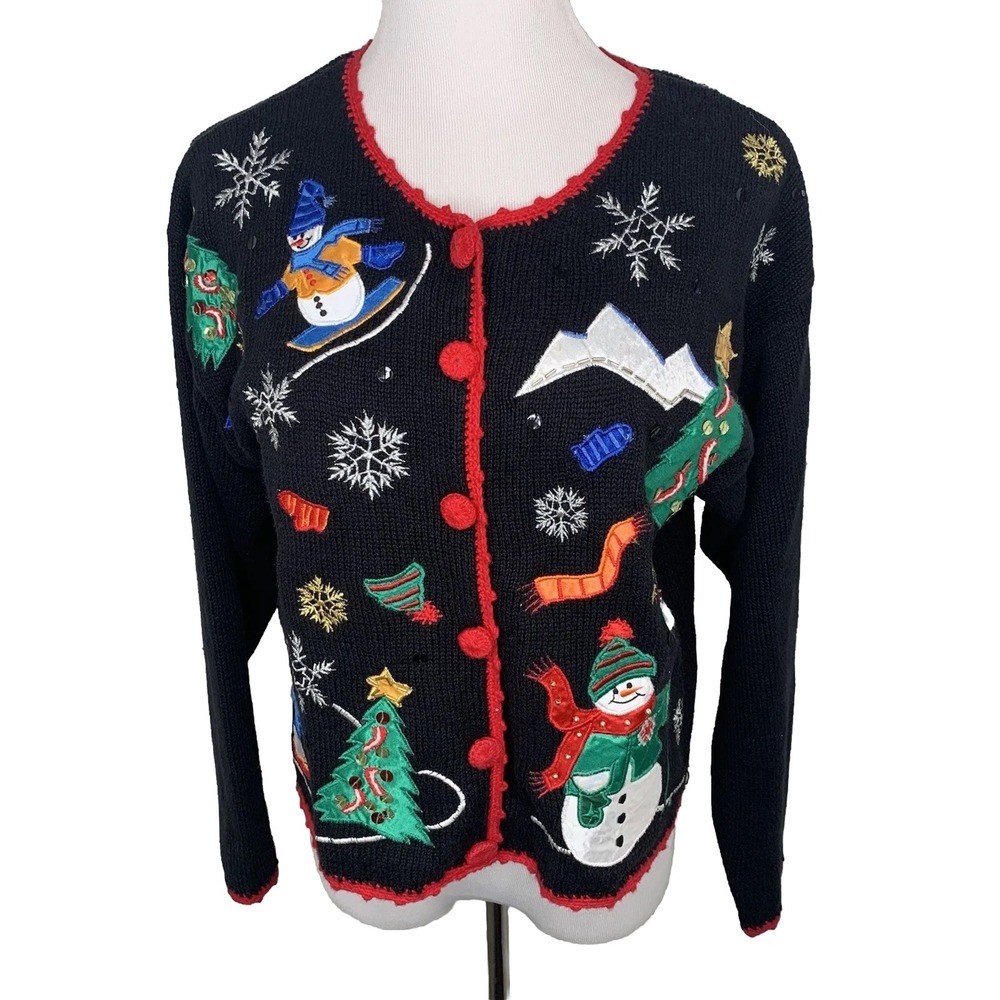 Vintage Ugly Christmas Cardi Sweater NutCracker Small Black Red Snowman Holiday